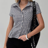 BXOXO Women Y2k Short Sleeve Button Down Shirts Coquette V Neck Collared Crop Tops Vintage Slim Fit Going Out Blouse